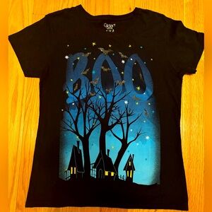 Halloween BOO Gildan Softstyle Graphic Tee 100% Cotton Size M Gold Sparkle Bats